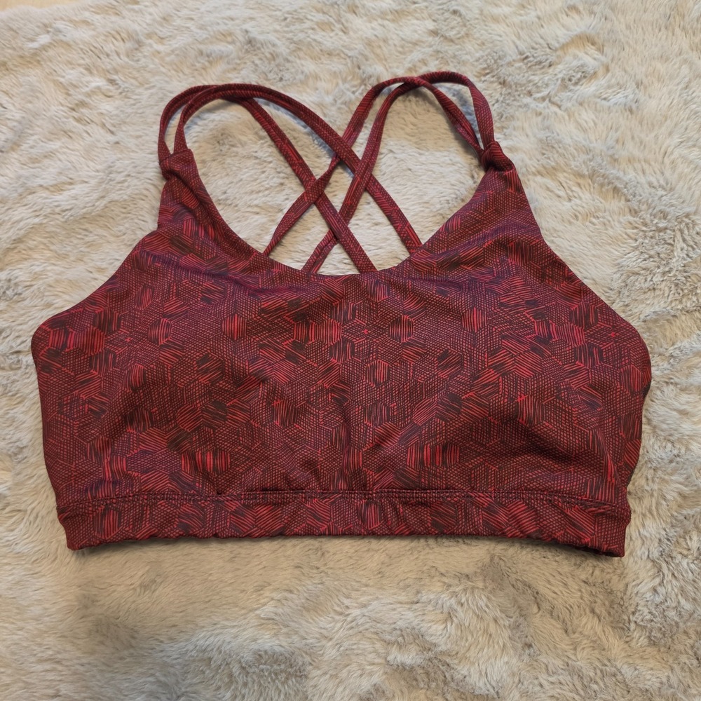 Asics Geometric Hexagon Print Strappy Back Sports Bra Burgundy Red Black Size S